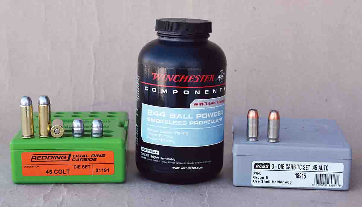 Winchester W-244 powder is an excellent choice when loading for the .45 ACP and .45 Colt.